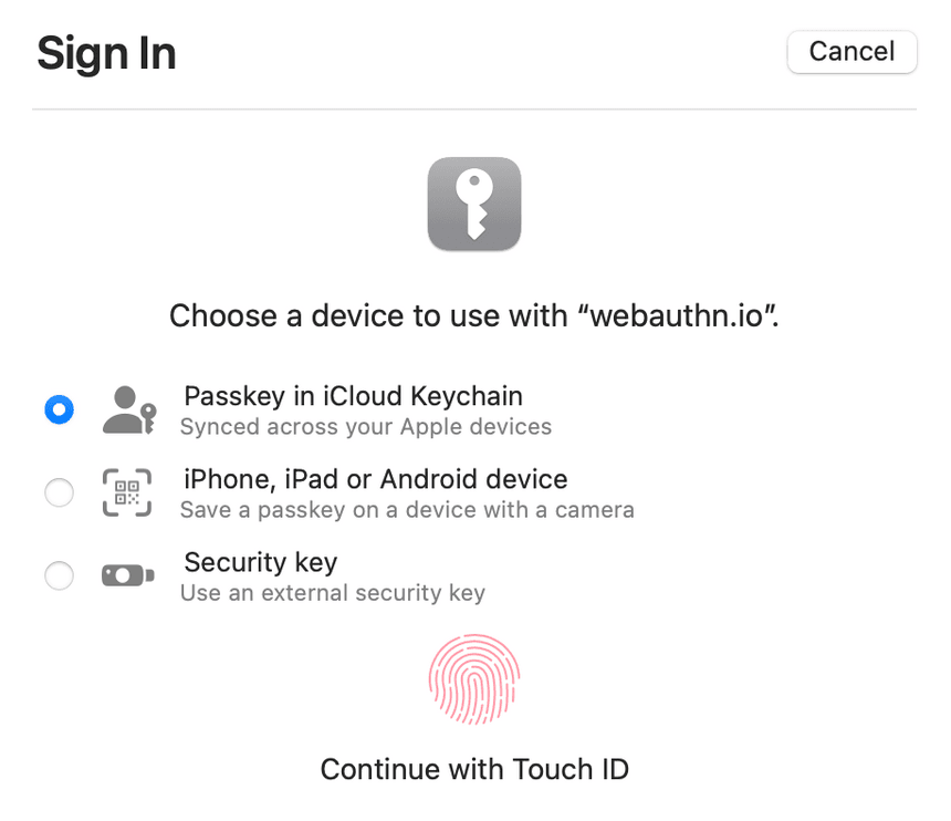 WebAuthn login via TouchID